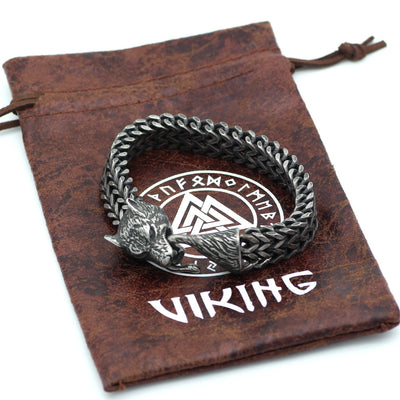 Men's wolf head bracelet in black steel with Viking-themed pouch, perfect as a fashion accessory or gift in the men's jewelry category.