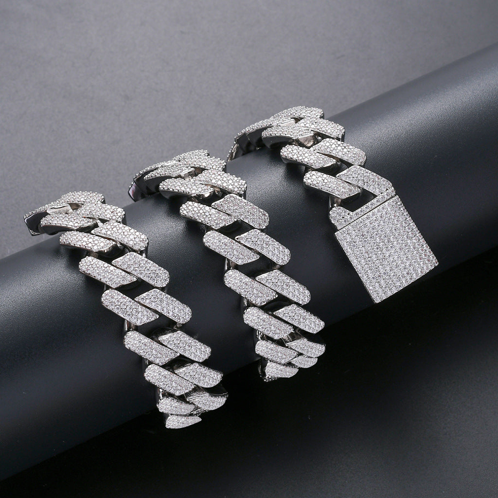 Silver zircon hip hop necklace with Cuban chain design, copper base and micro-inlaid zircon, featuring a large iced-out clasp.