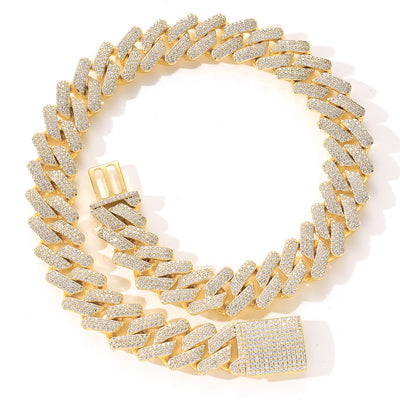 Gold-plated zircon Cuban chain necklace with copper base and micro-inlaid zircon, showcasing a secure iced-out clasp.